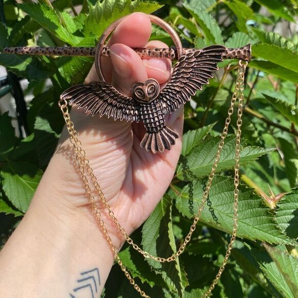 Bohemian Bronze Owl Hairpin with chain accent engraved detailing NEW - Picture 6 of 8